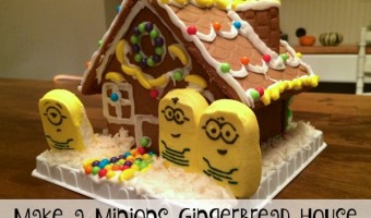 Make a Minions Gingerbread House with Peeps Minions and lots of BANANA runts candy!