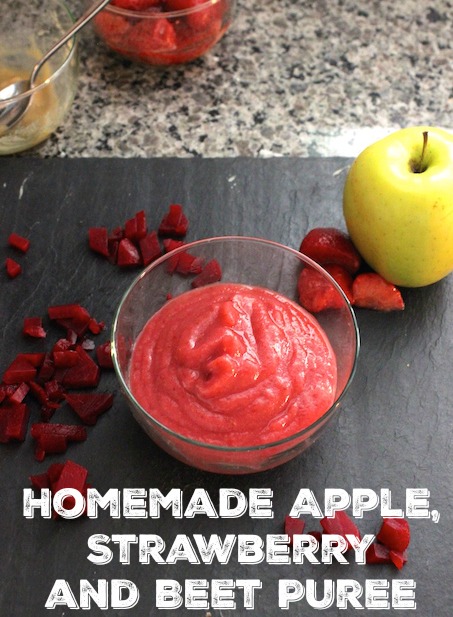 A perfect homemade apple, strawberry and beet puree, made for babies, but everyone can enjoy it. Even on toast!