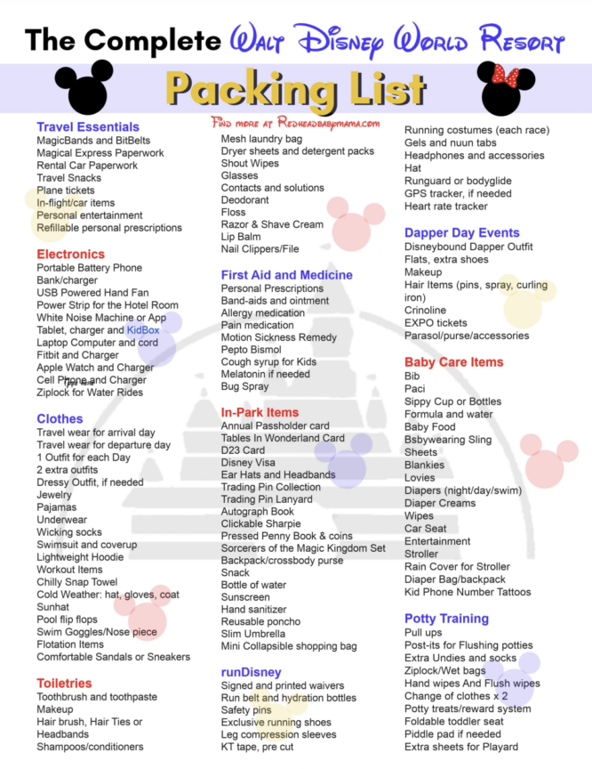 complete packing list for disney world
