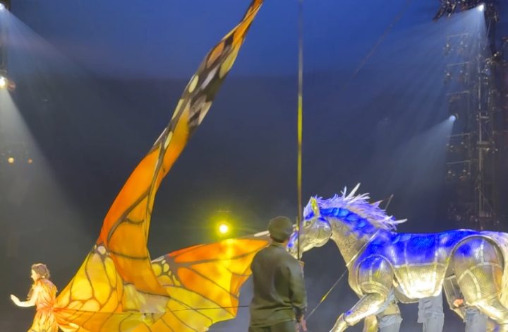 photo of cirque du soleil LUZIA in Atlanta. The running woman has giant butterfly wings and a lifesize silver horse puppet follows her on a treadmill